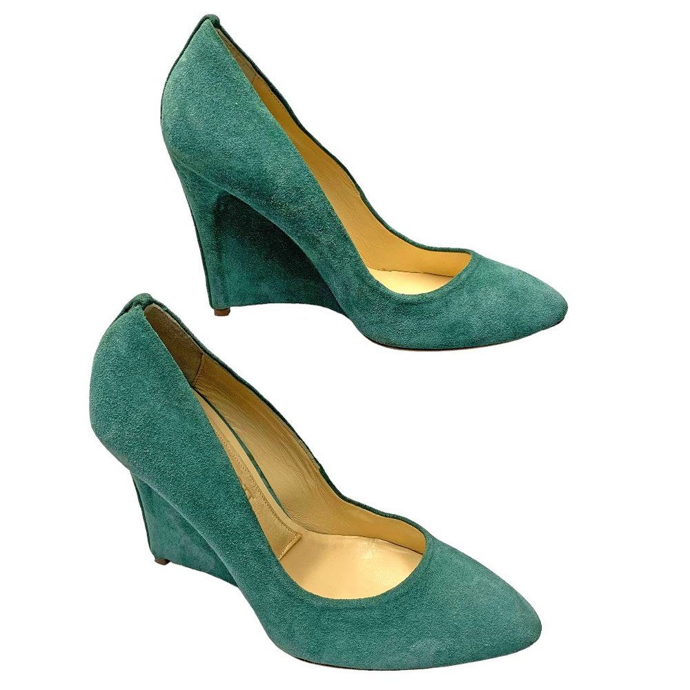 NEIL BARRETT‎ Teal Green Italian Suede High Wedge Pumps